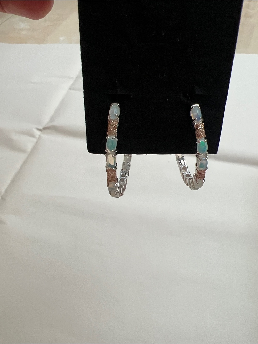 Sterling Silver Hoop Earrings with Opal Accent